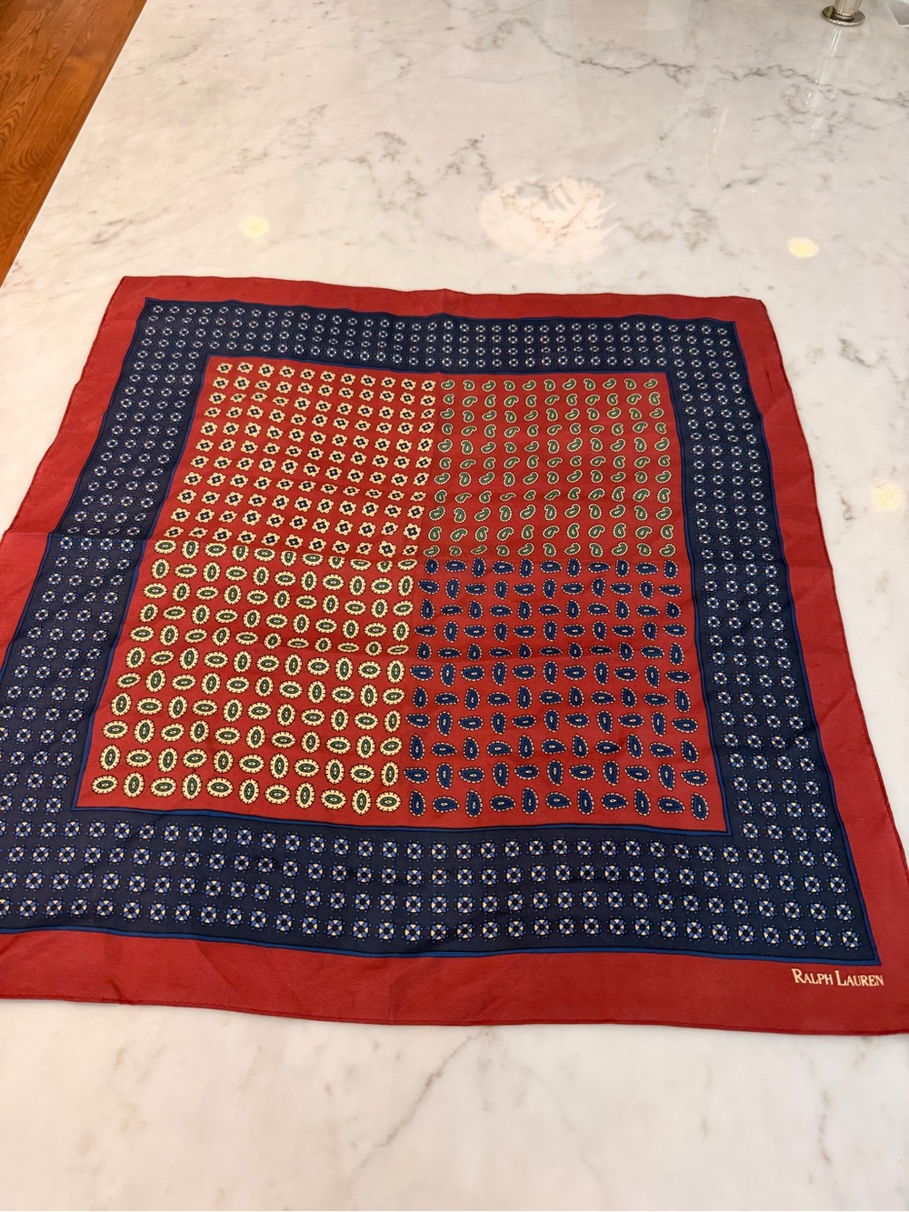 Ralph Lauren Burgundy & Navy Patterned Square Scarf, 21”, 100% silk,EUC